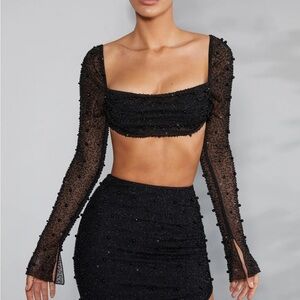 La Desirade Embellished Cowl Neck Crop Top in Black